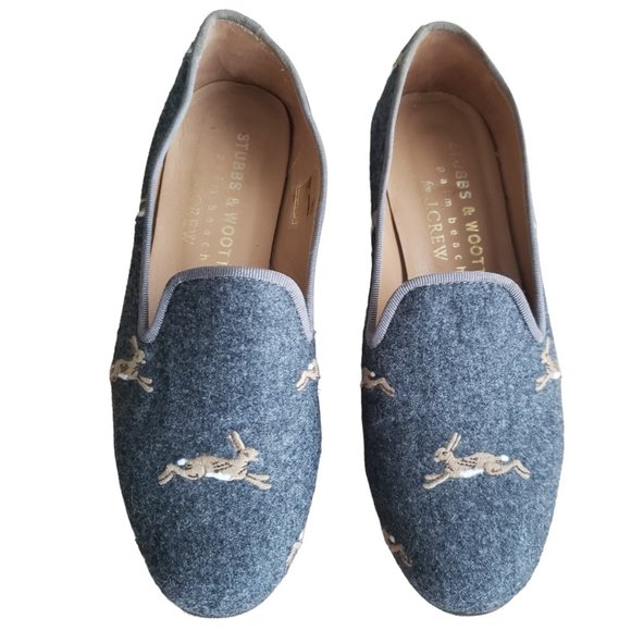 J. Crew /Stubbs & Wootton Gray Collab Classic Flannel Loafers Rabbit /Hare W(6) - Picture 1 of 13